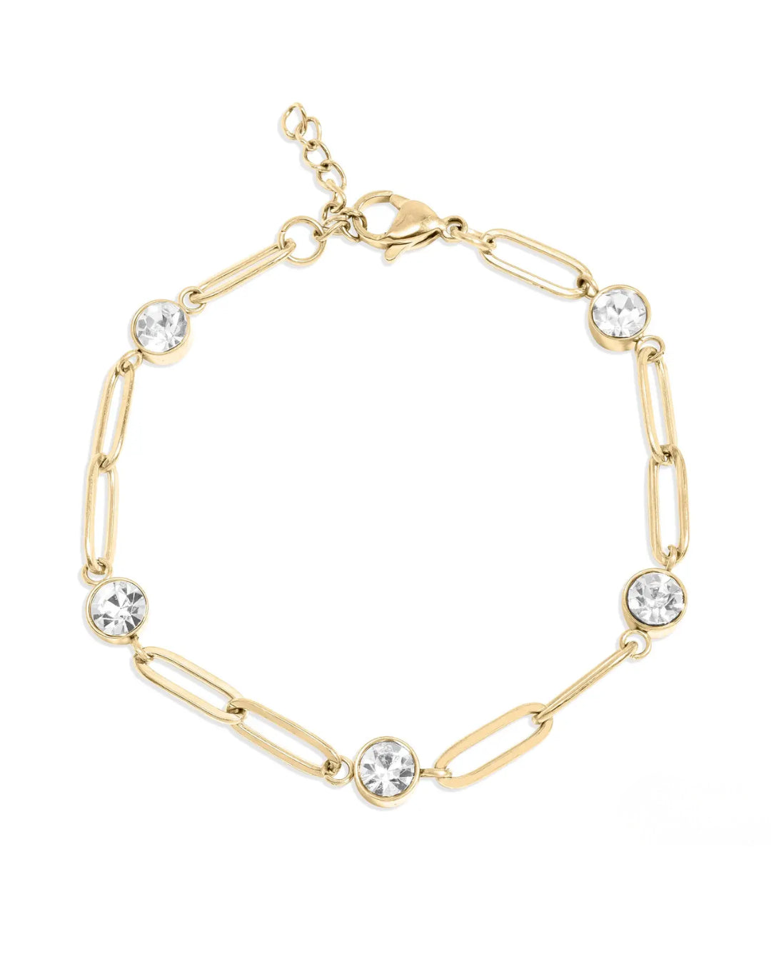 18K Gold Rhinestone Stone Paperclip Chain Bracelet - Water Resistant