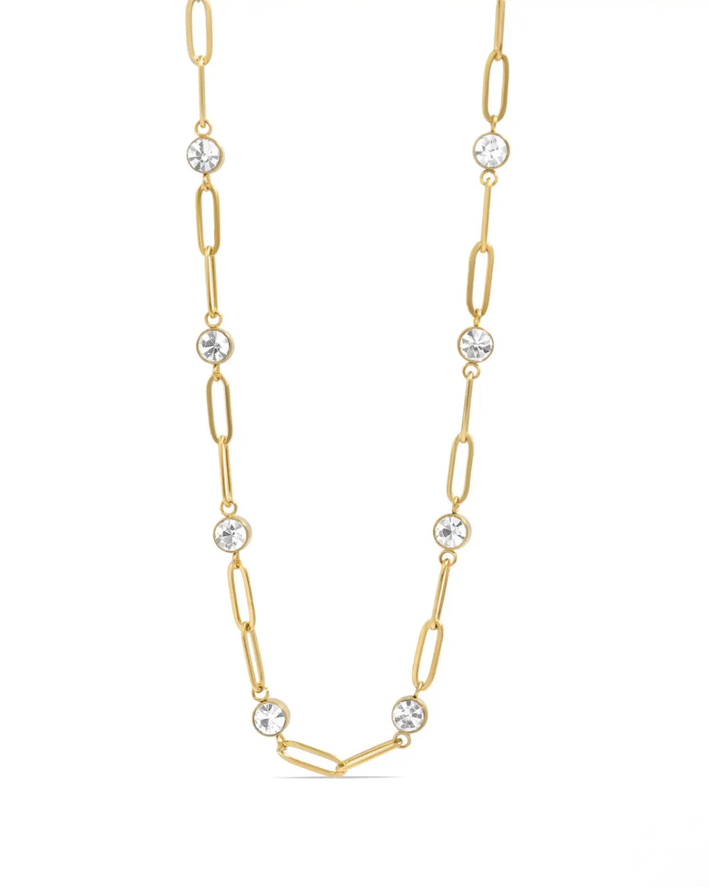 18K Gold Paperclip and Crystal Stone Station Necklace - Water Resistant
