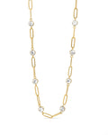 18K Gold Paperclip and Crystal Stone Station Necklace - Water Resistant
