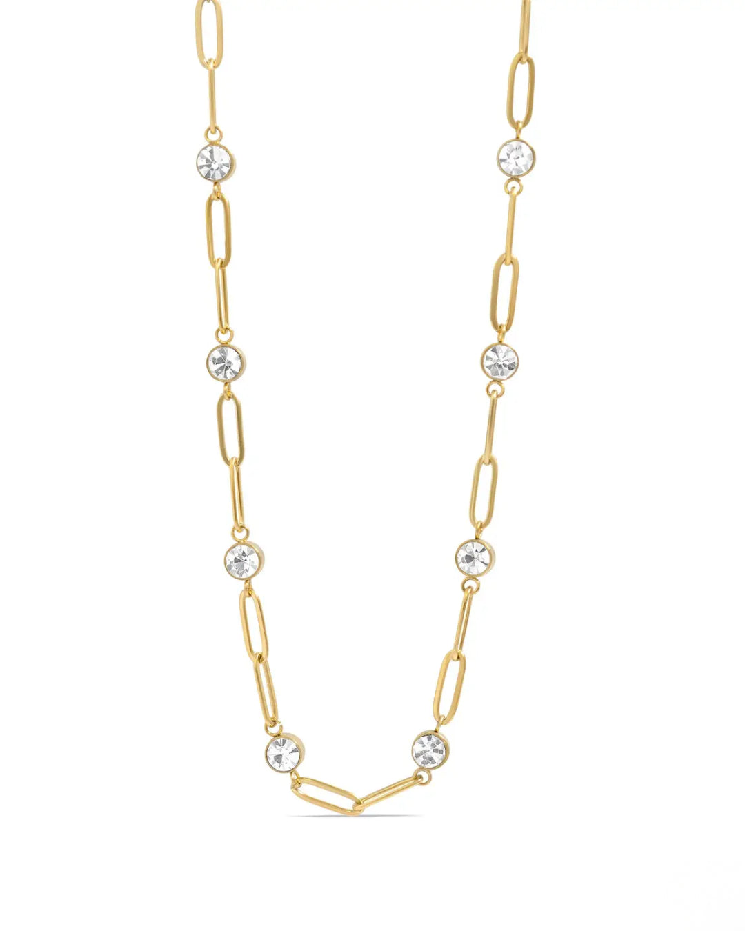 18K Gold Paperclip and Crystal Stone Station Necklace - Water Resistant